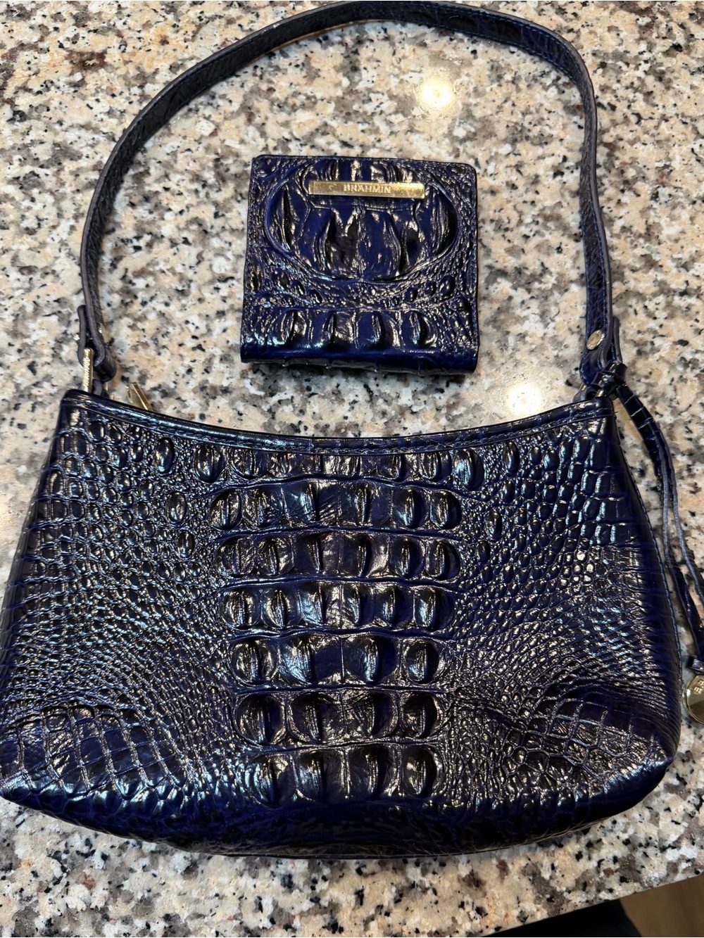 Brahmin Deep Navy Croc-Embossed Shoulder Bag with Matching Wallet